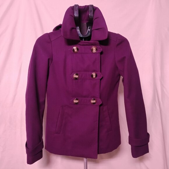Hydraulic Purple Wool Blend Hooded Peacoat | Double-Breasted Button Front - Picture 6 of 8